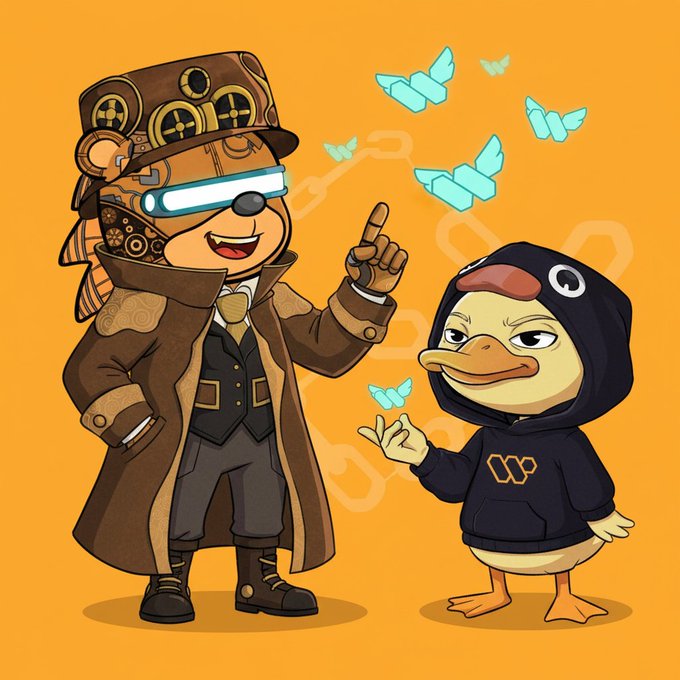 Two cartoon characters—a steampunk-styled figure in a brown top hat and trenchcoat alongside a duck wearing a black hoodie with a "Quack" logo and the Wallchain hexagon symbol—share a playful moment as glowing blue butterflies flutter between them, visually capturing the post's enthusiastic take on engaging with the Quacks app and earning attention through quality posting.