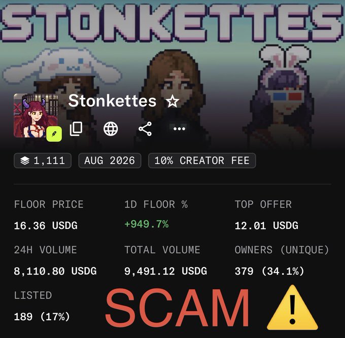 A NFT collection page for 'Stonkettes' showing floor price statistics with a large red 'SCAM' warning label overlaid on the image.