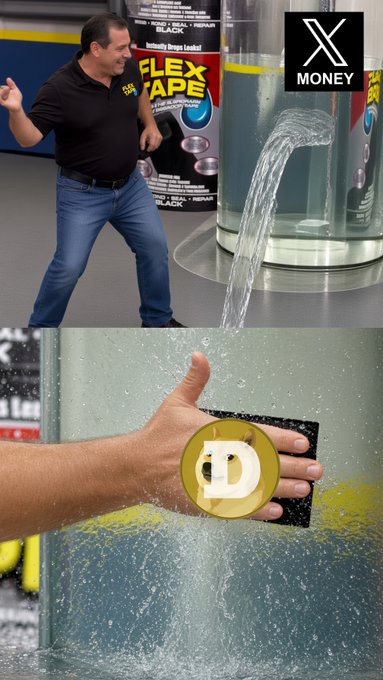 The image, titled "$DOGE fixes X Money," cleverly mirrors the famous viral meme of a man slapping tape to stop a leak with a hand holding a Dogecoin coin in place of the tape—poking fun at Elon Musk's X Money payment platform being "patched up" by DOGE.