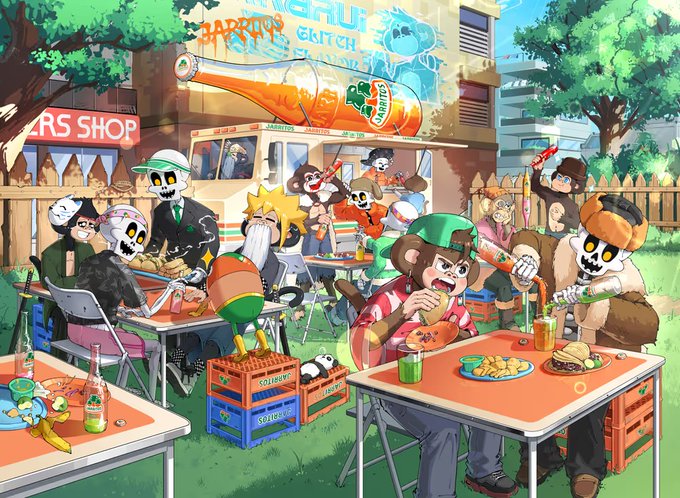 A vibrant, anime-style illustration depicts various characters, including figures with skull heads and monkey-like characters, gathered at tables outdoors for a meal, with a building labeled 'NEKRU JUICE GULP' and 'ARS SHOP' in the background.