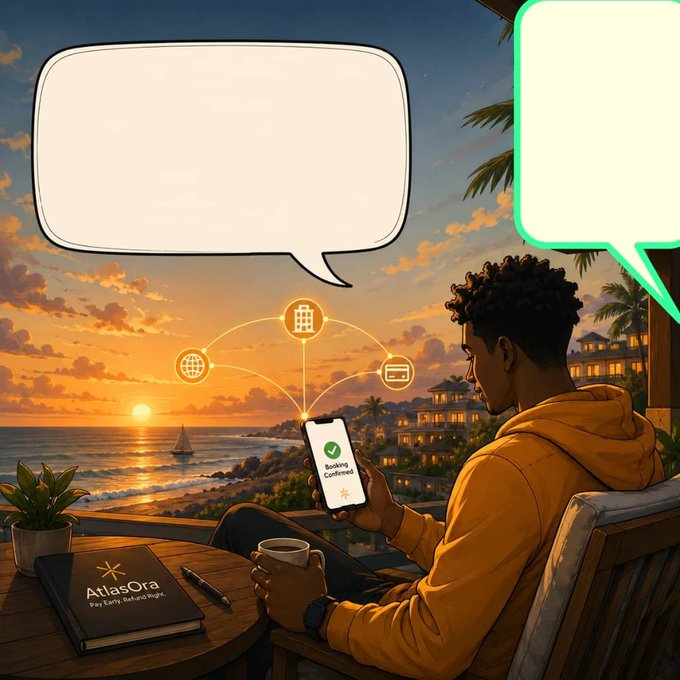 A man in a yellow hoodie sits on a balcony overlooking a sunset-lit ocean, holding a coffee and looking at his phone displaying a "Booking Confirmed" notification, with a notebook on the table reading "AtlasOra — Pay Early. Unbox Bright." Above him, two empty speech bubbles mirror the post's theme: people don't talk about the underlying technology (the floating network icons), but rather about what it helps them do—seamlessly book experiences—much like TCP/IP fades behind the simple act of using the internet, or how blockchain's winners will be those building quietly useful tools rather than the loudest hype.