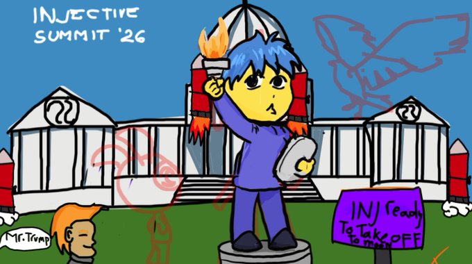 A hand-drawn promotional illustration for 'INJECTIVE SUMMIT '26' featuring a blue-haired character holding a torch and the text 'INJ ready to Take Off to MARS' with INJ tokens marked at 22 cents.