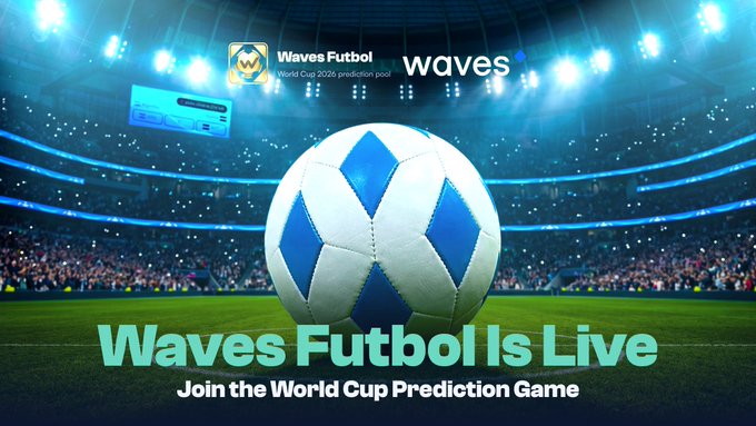 A promotional graphic for 'Waves Futbol' World Cup 2026 prediction pool, featuring a blue and white soccer ball in a stadium with the Waves logo and the tagline 'Waves Futbol Is Live - Join the World Cup Prediction Game'.