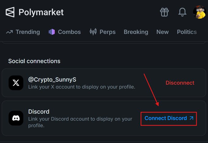 The Polymarket social connections page showing options to link an X (Twitter) account (@Crypto_SunnyS) and a Discord account, with a red arrow and box highlighting the "Connect Discord" button.