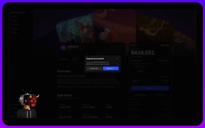 The image shows a successful deposit confirmation for $418,551 worth of $HEEBOO on what appears to be the Magic Eden launchpad platform, with a pop-up message reading "Deposit Successful! You've successfully deposited in the HEEBOO launch pad." This screenshot corroborates the post's claim of participating in the $HEEBOO public sale, with the robot avatar and meme-themed background reinforcing the NFT/community-driven nature of the project discussed.