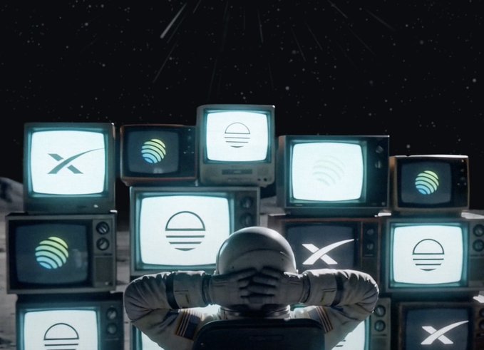An astronaut, with hands behind their head, sits before a stack of vintage TVs on the moon displaying logos including SpaceX, and a sun logo likely representing Jupiter ($JUP). The image visually reinforces the post's bullish stance on $JUP by associating it with space travel and established brands.
