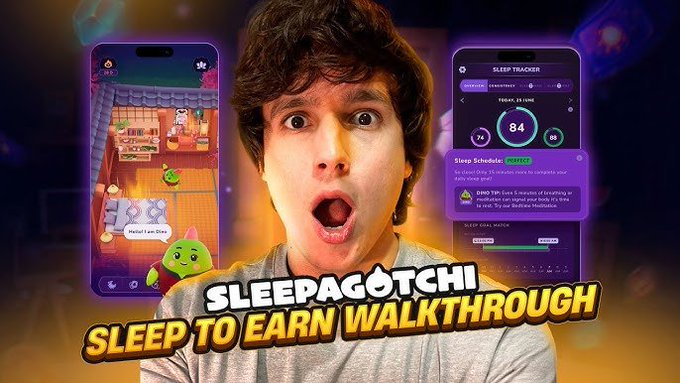 YouTube thumbnail featuring a surprised man between two phone screens showing the Sleepagotchi app, with bold text reading 'SLEEPAGOTCHI SLEEP TO EARN WALKTHROUGH'.