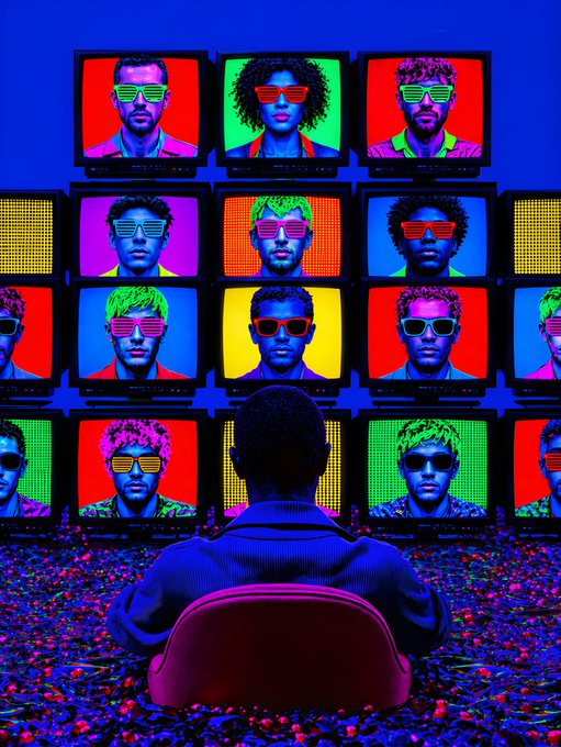A vibrant, pop-art style image shows a figure from behind seated in a red chair, watching a wall of CRT televisions that all display the same man wearing colorful shutter shades against varying bright backgrounds.