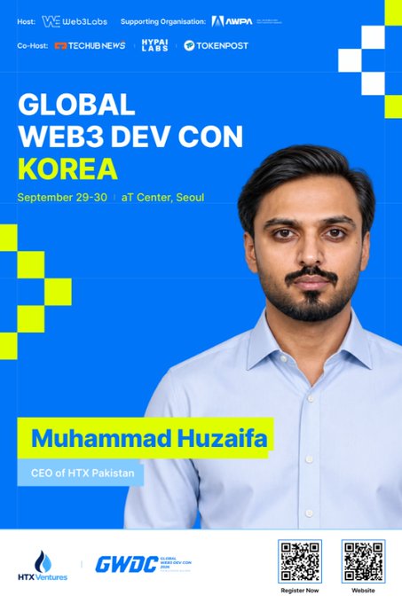 A promotional poster for 'GLOBAL WEB3 DEV CON KOREA' on September 29-30 at aT Center, Seoul, featuring speaker Muhammad Huzaifa, CEO of HTX Pakistan.