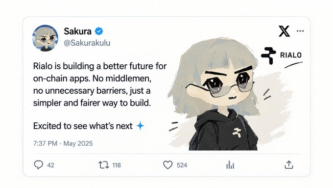 A Twitter/X post by verified user 'Sakura' (@Sakurakulu) dated May 2025, stating 'Rialo is building a better future for on-chain apps. No middlemen, no unnecessary barriers, just a simpler and fairer way to build. Excited to see what's next,' alongside an anime-style illustration and the RIALO logo.