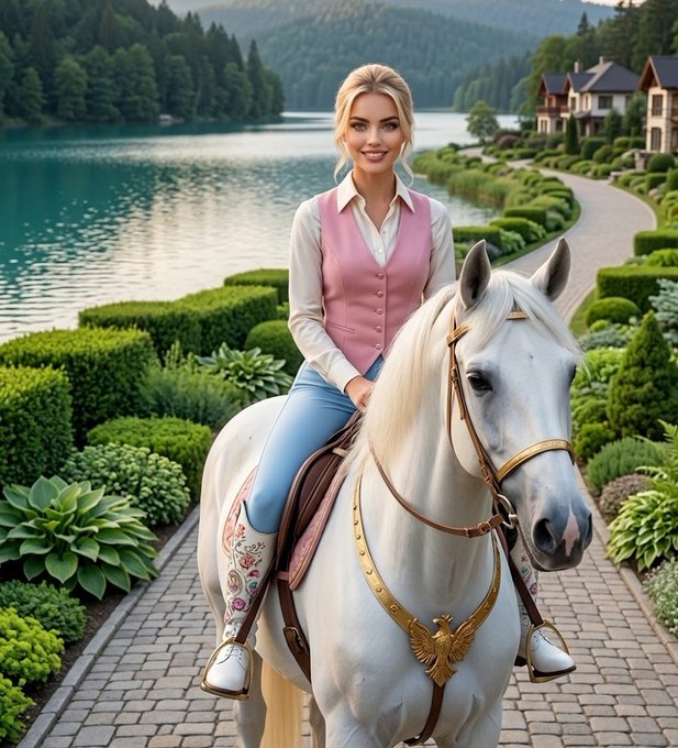 The image features a woman riding a white horse down a brick path near water. The scene takes place outdoors with a lake and houses visible in the background. There are also some plants around the area, adding to the natural ambiance of the setting.