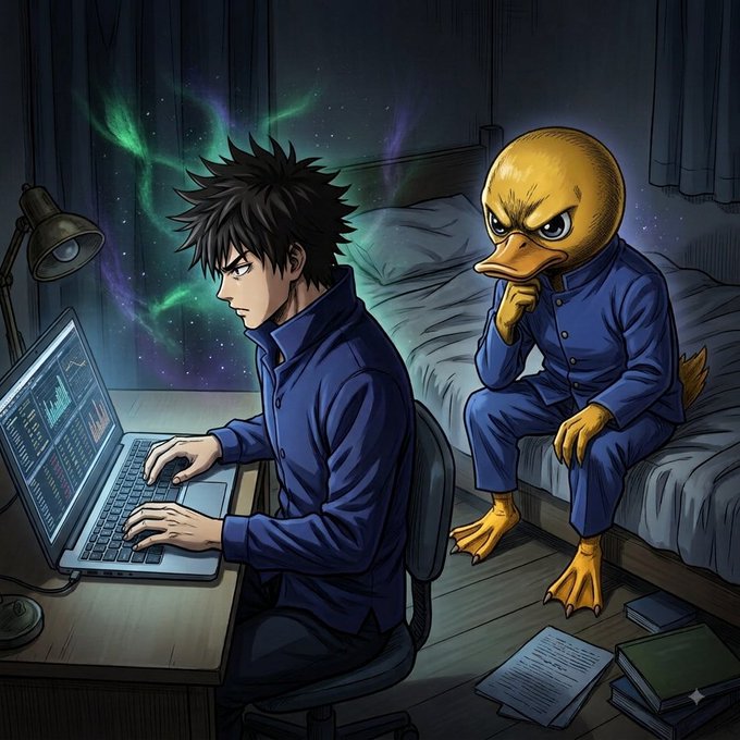 An anime-style illustration of a young man working on a laptop while a person wearing a duck mask sits thoughtfully on the bed behind him.