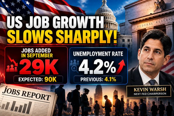 The image is a bold promotional-style graphic warning that "US JOB GROWTH SLOWS SHARPLY!", highlighting the September jobs added figure of 29K versus the 90K expected, alongside an unemployment rate that ticked up to 4.2% from 4.1%. It features imagery of the US flag, Federal Reserve building, the Capitol, a "Jobs Report" newspaper, silhouettes of job seekers, and a portrait labeled "Kevin Warsh, Next Fed Chairperson"—visually tying the weak jobs data to speculation about the Fed's next moves.