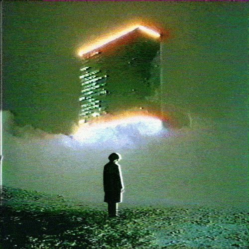 The image features a person standing alone in an open field, facing away from the camera. They are dressed in dark clothing, which contrasts with the bright green sky above them. The sky appears hazy, adding a dreamlike quality to the scene. The photo is titled "Collected on Tezos!", suggesting that it might be part of a collection or series related to the concept of time travel or alternate dimensions.