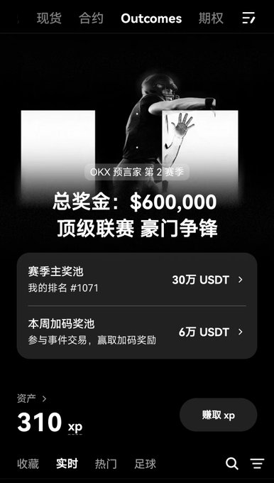 A mobile app screenshot of OKX's 'Outcomes' section showing 'OKX 预言家 第2赛季' (OKX Prophet Season 2) with a total prize pool of $600,000, 30万 USDT season main prize pool, and 6万 USDT weekly add-on prize pool, with the user ranked #1071 and 310 XP.