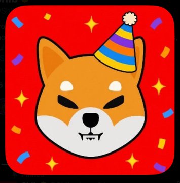 A cartoon Shiba Inu dog wearing a colorful striped party hat with confetti and stars scattered around on a red background, resembling the $SHIB meme token imagery referenced in the post's comparison between $hmm, $woof, and $shib tokens.