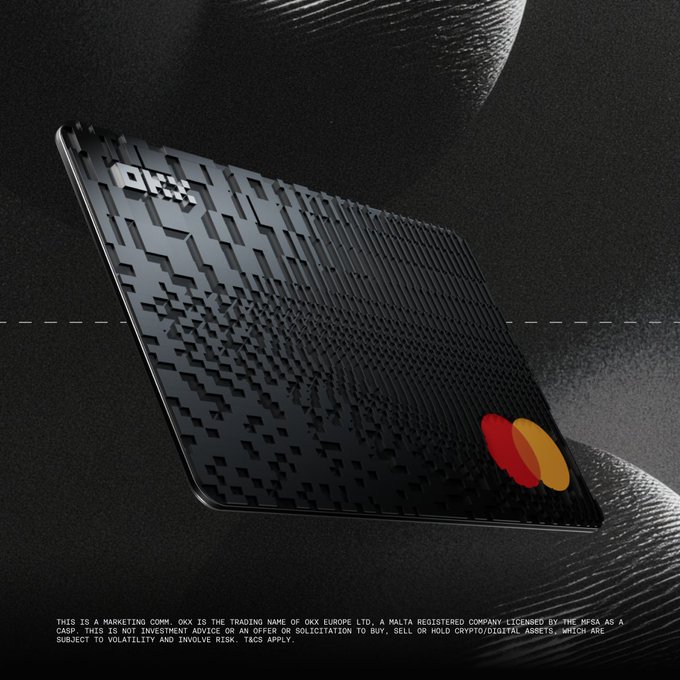 A sleek black credit card featuring a textured geometric pattern, the "OKX" logo in the top left, and the Mastercard symbol in the bottom right is displayed against a dark, textured background, with fine print at the bottom identifying OKX as a Malta-registered crypto-asset trading company. The image visually reinforces the post's promotion of the OKX card's cashback and Pay Boost APY rewards, tying the product to the final-day offer described.