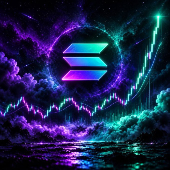 A glowing teal Solana logo hovers over a vibrant neon-stacked price chart that rockets upward against a cosmic purple-and-teal sky, visually reinforcing the post's point that Solana's rapid, low-cost performance—not just its chart—keeps users coming back.