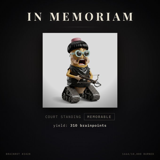 A graphic with the text 'IN MEMORIAM' above an image of a cartoonish figurine wearing sunglasses and sitting on a toy tank, labeled 'COURT STANDING MEMORABLE' and 'yield: 310 brainpoints'.