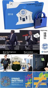 A collage of Ripple/XRP-related clippings and images highlights IMF references to crypto, the 2018 Ripple “Places Within Reach of the Galaxy” calendar, BlackRock’s head of digital assets, and Ripple’s 2018 Spring Meeting agenda. Visible text includes “IMF,” “FESTIVAL 12 16 2018,” “Spring Meeting,” and “Ripple,” supporting the post’s claim that financial institutions have increasingly been connected to Ripple and XRP.