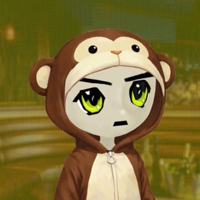 An anime-style character wearing a brown monkey onesie with the hood up, featuring large expressive yellow-green eyes and a slightly serious expression. The background is a blurred, dreamy landscape with flowers.