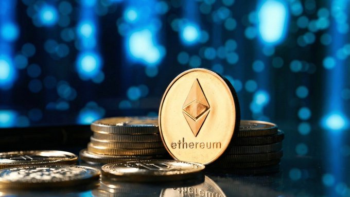 A physical representation of an $ETH token sits prominently in front of stacked coins, with the Ethereum logo and the word "ethereum" clearly visible on its surface, set against a blurred blue bokeh background. The image visually reinforces the post's focus on the Ethereum ICO whale's massive sell-off of their long-held ETH holdings at a substantial profit.