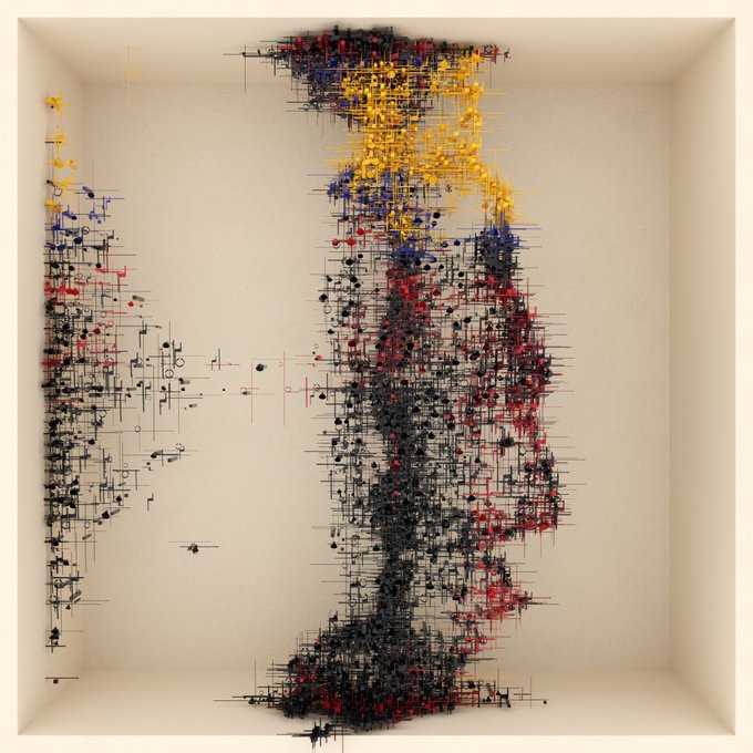 An abstract three-dimensional artwork depicting fragmented humanoid figures made of thin black, red, yellow, and blue intersecting lines inside a beige box.