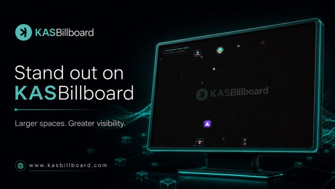 Promotional banner for KASBillboard, a Kaspa-based advertising service, featuring the tagline 'Stand out on KASBillboard - Larger spaces. Greater visibility.' with the website www.kasbillboard.com.