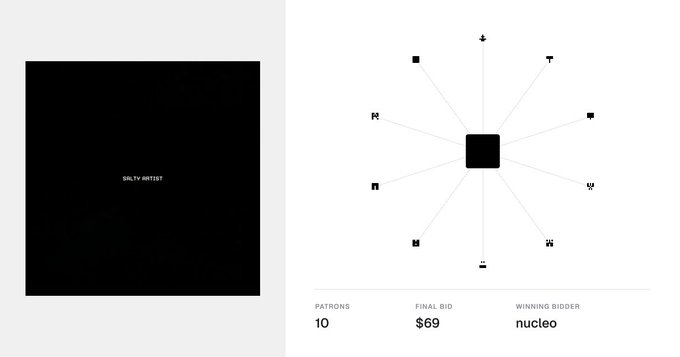 A digital artwork display titled 'ONLY 1V ARTIST' alongside a radial diagram of letters, showing 10 patrons, a final bid of $69, with the winning bidder 'nucleo'.