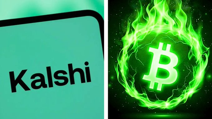 A split image showing the 'Kalshi' logo on a teal background on the left and a Bitcoin symbol surrounded by bright green flames on a dark background on the right.