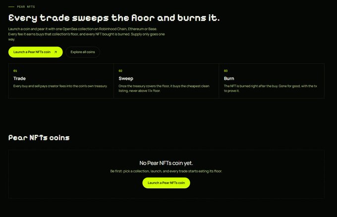A webpage for 'PEAR NFTS' explaining how 'Every trade sweeps the floor and burns it,' detailing 01 Trade, 02 Sweep, and 03 Burn processes, with a 'Launch a Pear NFTs coin' button and a message stating 'No Pear NFTs coin yet.'