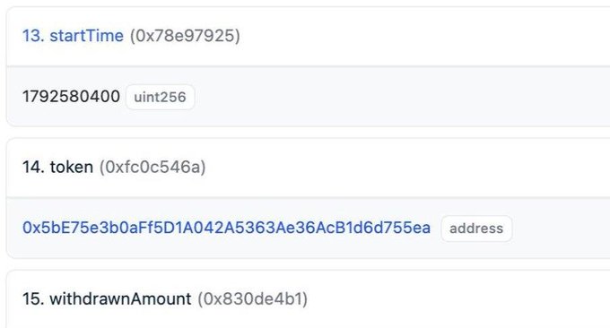 A blockchain transaction interface displays function inputs including 'startTime (0x78e97925)' with value '1792580400' of type 'uint256', and 'token (0xfc0c546a)' with address '0x5bE75e3b0aFf5D1A042A5363Ae36AcB1d6d755ea'.