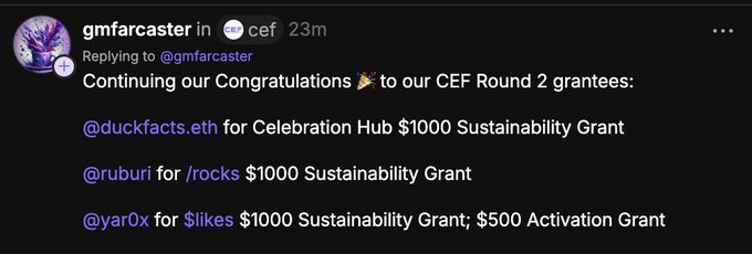 The image shows a tweet from @gmfarcaster (CEF) announcing CEF Round 2 grantees, listing @duckfacts.eth and @ruburi as recipients of $1000 Sustainability Grants, and @yar0x (the account behind $likes) for receiving a $1000 Sustainability Grant and $500 Activation Grant. This relates to the accompanying post by @likesdotfun celebrating their $1500 grant from the clanker_world eco fund, which corresponds to the combined $1000 Sustainability and $500 Activation grants announced for @yar0x.