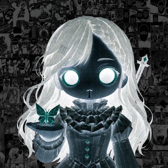 A stylized digital illustration shows a pale character with glowing white eyes and white hair, wearing a dark ruffled dress and holding a glowing green butterfly, set against a background of black-and-white manga panels.