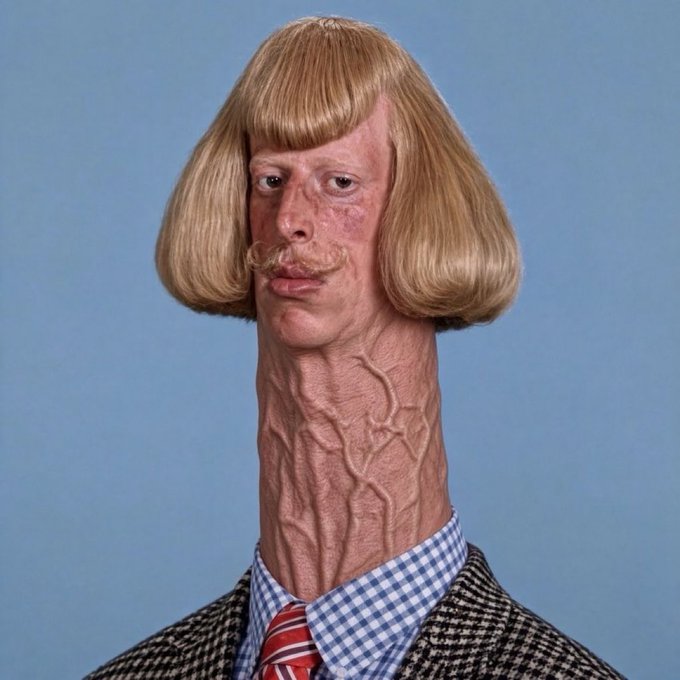 A hyper-realistic sculptural portrait of a man with an exaggeratedly long neck featuring visible veins, sporting a blonde bowl haircut and mustache, dressed in a checkered shirt and tweed jacket.