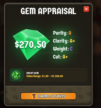 A 'Gem Appraisal' game interface showing a green Uncut Gem valued at $270,500 with grades for Purity, Clarity, Weight, and Cut, available to claim for 2.705 keys.