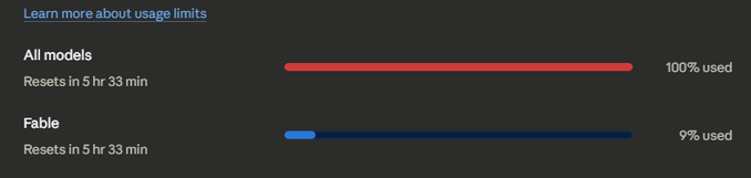 The image shows a usage dashboard with "All models" at 100% used and "Fable" at 9% used, both resetting in 5 hr 30 min—matching the post's sentiment of anxiously waiting for the usage limit to reset and "come back to reality."