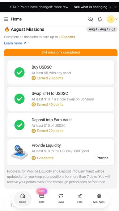 A mobile app screenshot showing 'August Missions' with progress on tasks like Buy USDC, Swap ETH to USDC, and Deposit into Earn Vault, currently at 3/4 missions completed.