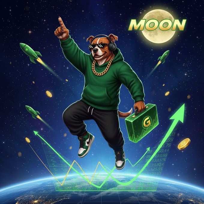 A meme-style illustration of a dog character in a green hoodie and sunglasses, jumping through space with rockets, a briefcase, and the word 'MOON' against a starry background.