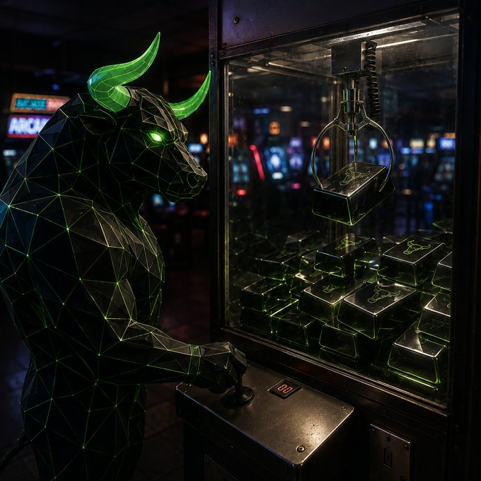 A geometric, wireframe-style black bull with glowing green horns and eyes operates a claw machine filled with stacks of glowing green gold bars in a neon-lit arcade setting.