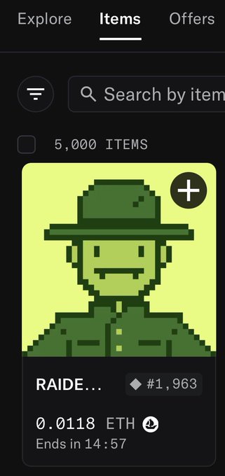 An NFT marketplace listing for 'RAIDE...' showing a pixel-art green soldier character, priced at 0.0118 ETH, ranked #1,963 with the auction ending in 14:57.