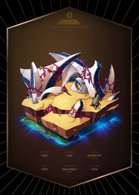 A digital NFT-style collectible artwork labeled 'RUINS - GIGANTIC SWAMP' featuring a floating island with white bone-like spikes, red vines, and figures, with stats below including 'ARTIFACT none', 'KODA none', 'W RESOURCE PSYCHOSILK', and 'B RESOURCE nonestone'.
