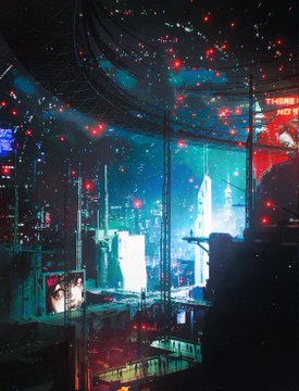 A moody cyberpunk cityscape bathed in neon red and teal light, featuring the partial text "THING NO" on a glowing billboard, which visually reinforces the post's theme of artistic triumph breaking through the noise of speculative crypto culture.