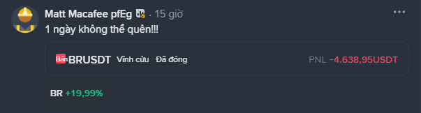 A social media post by Matt Macafee pfFeg showing a 24h portfolio change of -4,638.95 USDT, with text '1 ngày không thể quên!!!' and BR +19.99%.
