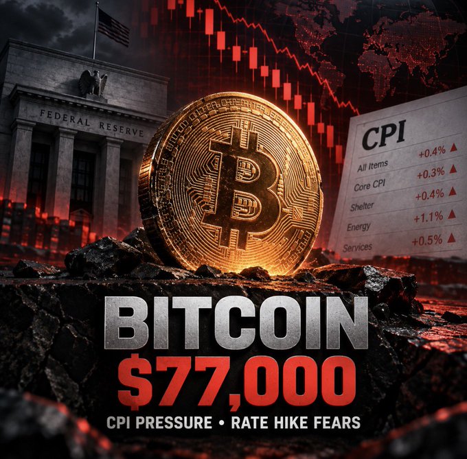 A dramatic financial graphic featuring a glowing Bitcoin coin amid cracked earth, with the Federal Reserve building, a red downward stock chart, and a CPI inflation report (+0.4% All Items, +1.1% Energy) in the background, displaying the text "BITCOIN $77,000 • CPI PRESSURE • RATE HIKE FEARS." The image visually reinforces the post's message of market fear triggered by rising CPI data and looming rate hikes that have pushed Bitcoin down to $77,000.