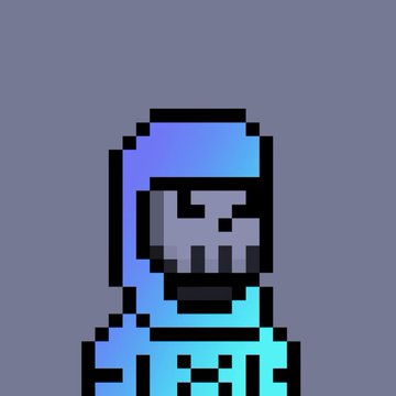 A pixel art avatar featuring a character wearing a blue hood and a cyan shirt with a skull design, set against a purple background, matching the post about minting Banger Bots NFTs.