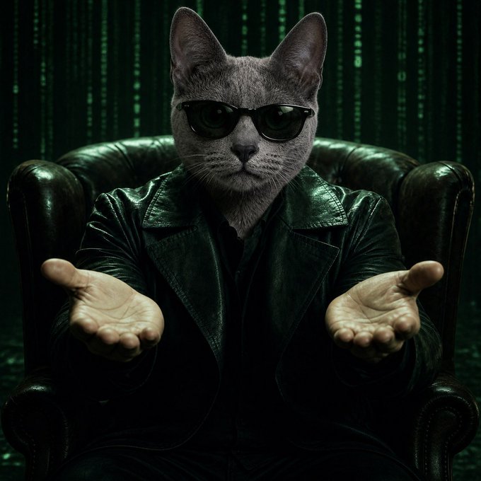 A gray cat wearing sunglasses and a black leather jacket sits in an armchair, extending its paws in a Matrix-style digital rain background.