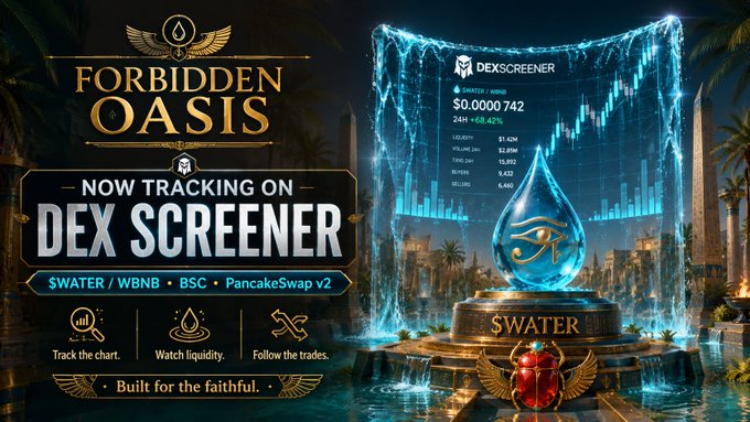 A promotional graphic for 'Forbidden Oasis' featuring a golden winged logo and announcing it is 'NOW TRACKING ON DEX SCREENER' with details about $WATER/WBNB on PancakeSwap v2.