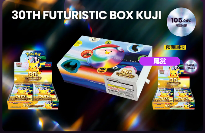 A promotional image for "30TH FUTURISTIC BOX KUJI" Pokemon trading card product, displaying multiple boxes of cards with Pikachu imagery, showing 105.04% expected return rate with Japanese text for "last prize" (尾赏) and "expected return" (预期回报).