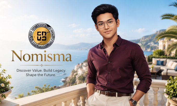 A promotional banner for 'Nomisma' featuring a young man in a maroon shirt and glasses standing on a Mediterranean balcony with palm trees and ocean views, with the tagline 'Discover Value. Build Legacy. Shape the Future.'